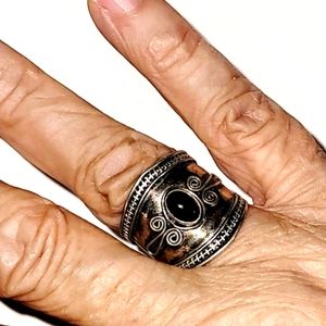 Onyx Ring, Bali Wide Band Sterling Silver Black Onyx Boho Ring